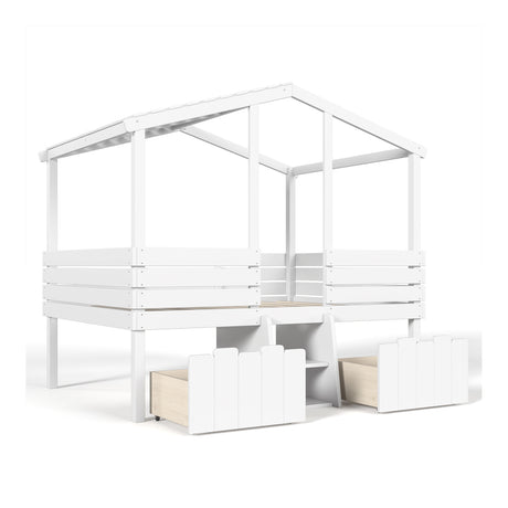 White Full House Loft Bed with Stairs and Storage Drawers | OROA Kids