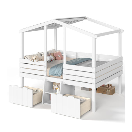 White Full House Loft Bed with Stairs and Storage Drawers | OROA Kids
