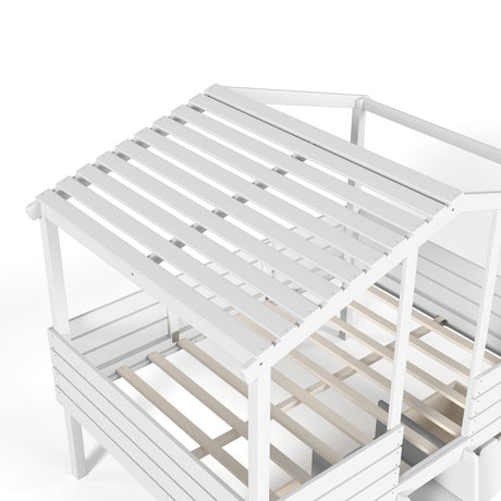White Full House Loft Bed with Stairs and Storage Drawers | OROA Kids