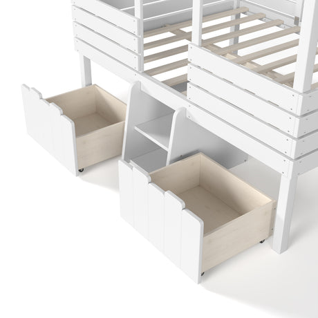 White Full House Loft Bed with Stairs and Storage Drawers | OROA Kids