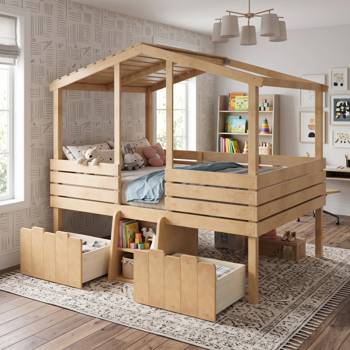 Full House Low Loft Bed with Stairs and Drawers | OROA Kids