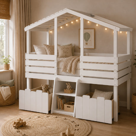Twin House Loft Bed with Cute Stairs | OROA Kids