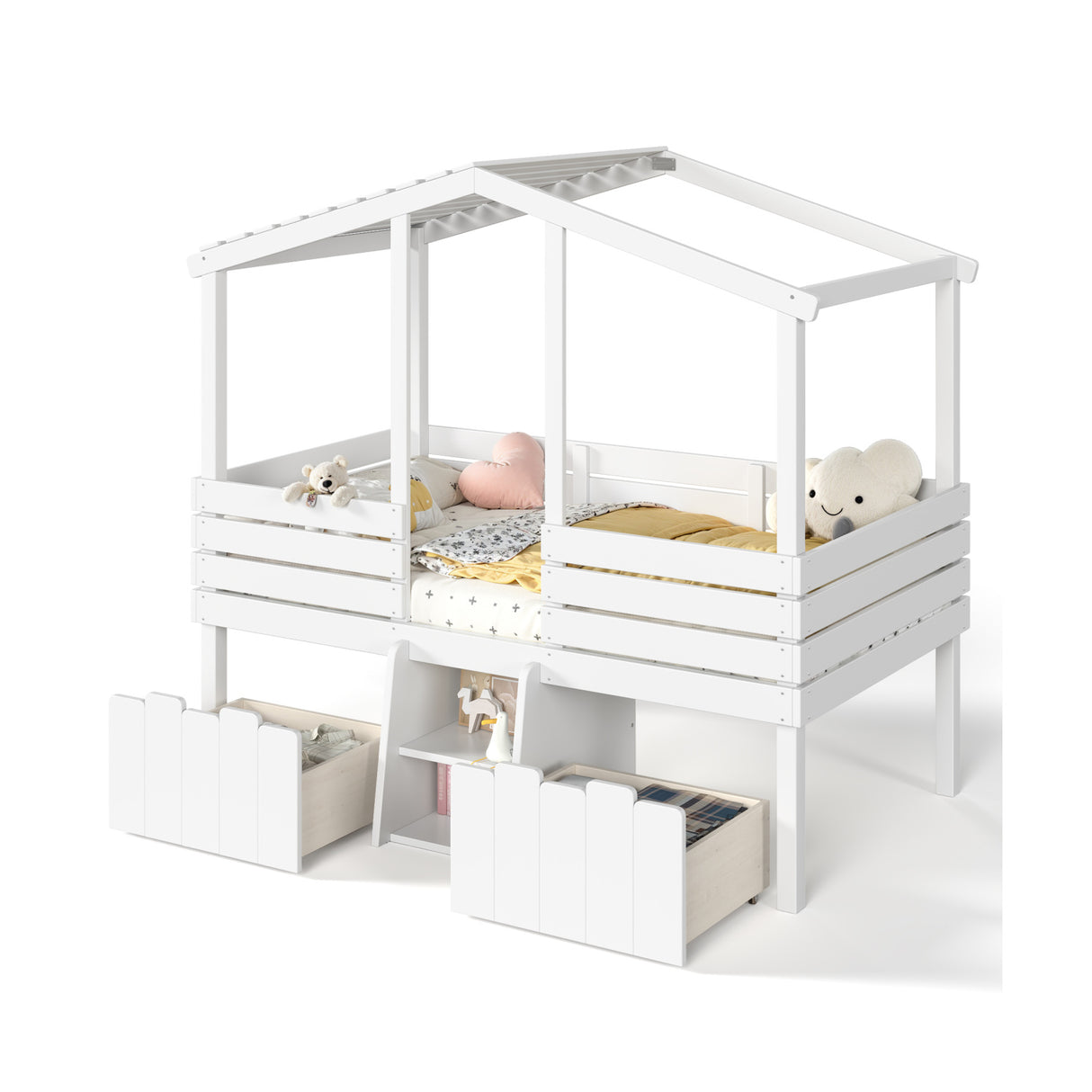 Twin House Loft Bed with Cute Stairs | OROA Kids