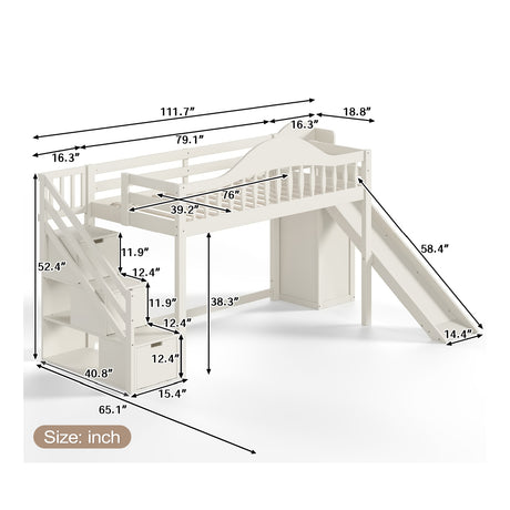 Beige Twin Loft Bed with Storage Stairs | OROA Kids