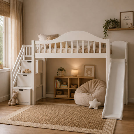 Beige Twin Loft Bed with Storage Stairs | OROA Kids