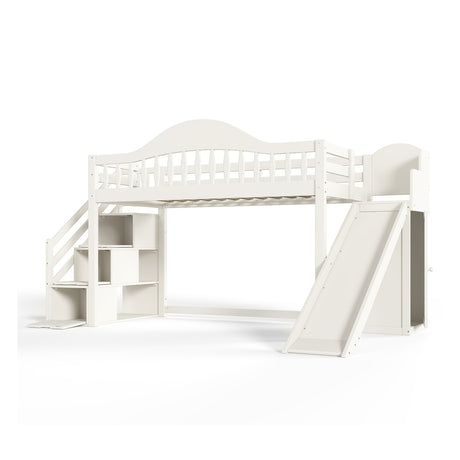Beige Twin Loft Bed with Storage Stairs | OROA Kids
