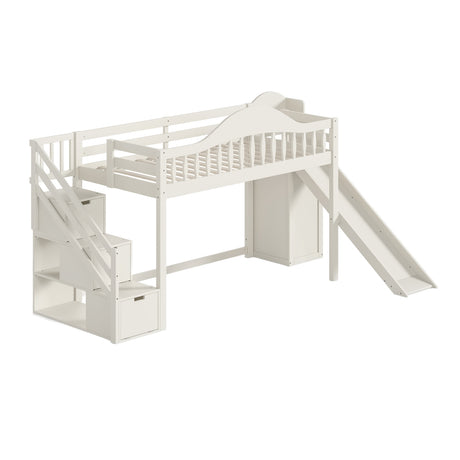 Beige Twin Loft Bed with Storage Stairs | OROA Kids