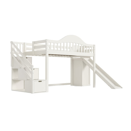 Beige Twin Loft Bed with Storage Stairs | OROA Kids
