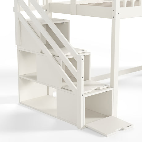 Beige Twin Loft Bed with Storage Stairs | OROA Kids