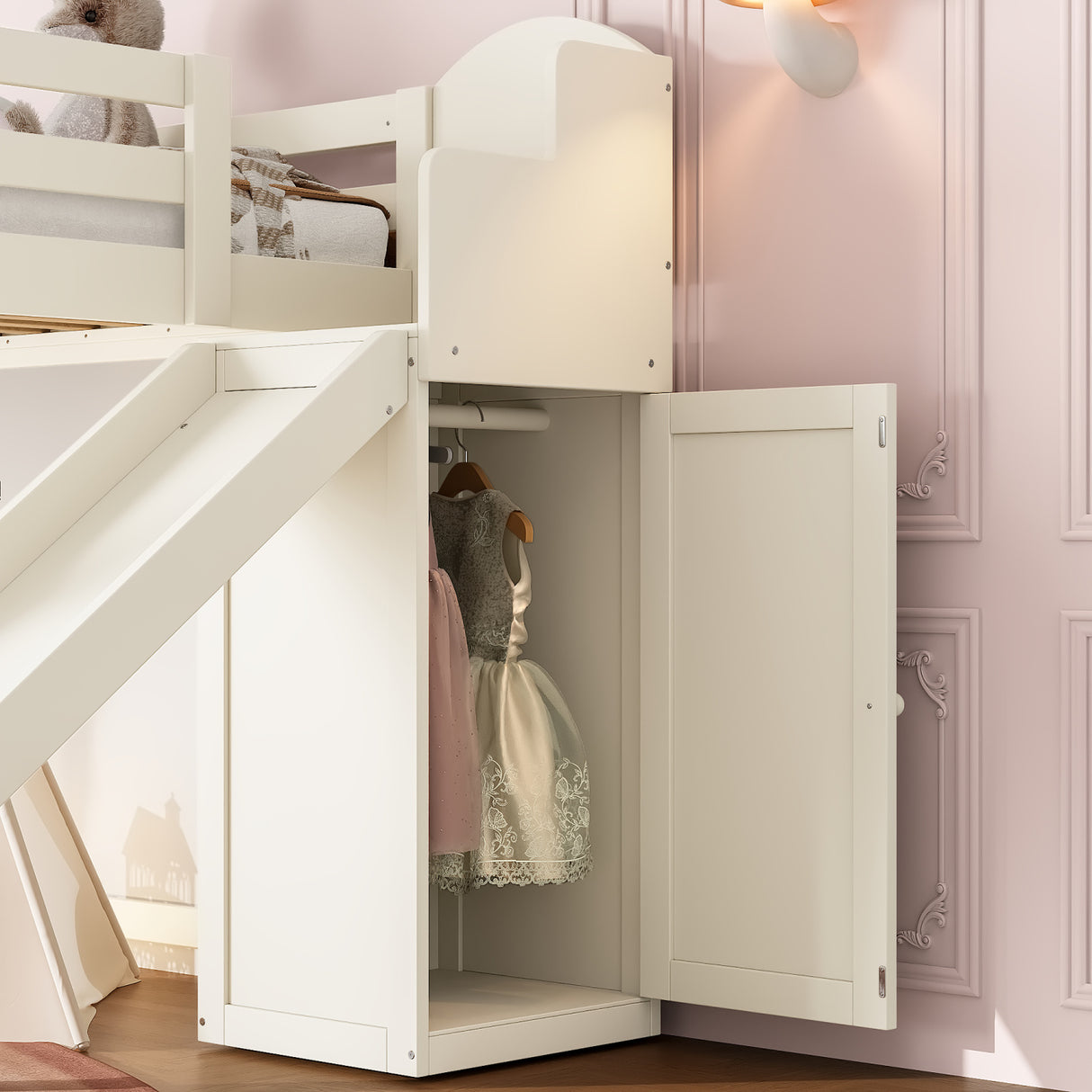 Beige Twin Loft Bed with Storage Stairs | OROA Kids
