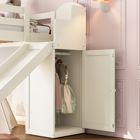 Beige Twin Loft Bed with Storage Stairs | OROA Kids