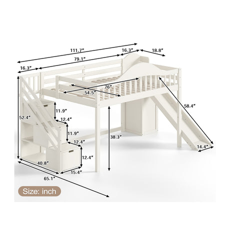 Beige Full Loft Bed with Storage Stairs, Slide & Built-in Wardrobe | OROA Kids