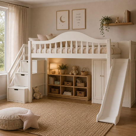 Beige Full Loft Bed with Storage Stairs, Slide & Built-in Wardrobe | OROA Kids