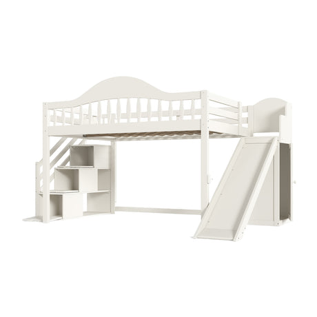 Beige Full Loft Bed with Storage Stairs, Slide & Built-in Wardrobe | OROA Kids