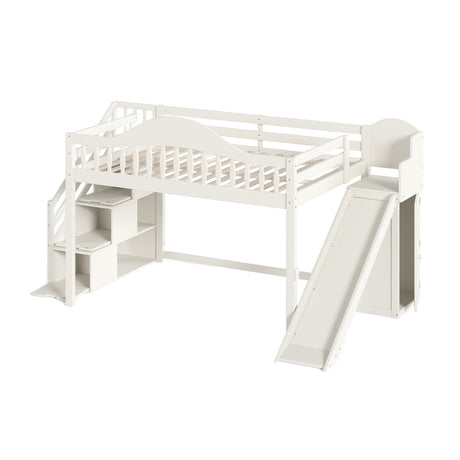 Beige Full Loft Bed with Storage Stairs, Slide & Built-in Wardrobe | OROA Kids