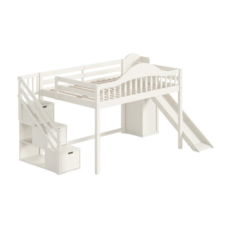 Beige Full Loft Bed with Storage Stairs, Slide & Built-in Wardrobe | OROA Kids