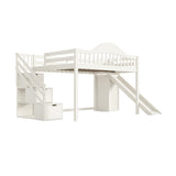 Beige Full Loft Bed with Storage Stairs, Slide & Built-in Wardrobe | OROA Kids