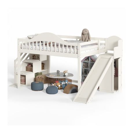 Beige Full Loft Bed with Storage Stairs, Slide & Built-in Wardrobe | OROA Kids