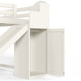 Beige Full Loft Bed with Storage Stairs, Slide & Built-in Wardrobe | OROA Kids