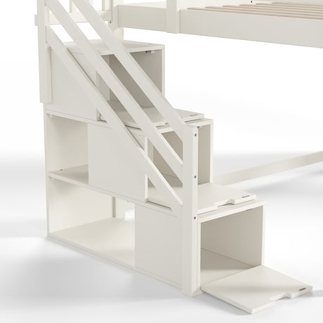 Beige Full Loft Bed with Storage Stairs, Slide & Built-in Wardrobe | OROA Kids