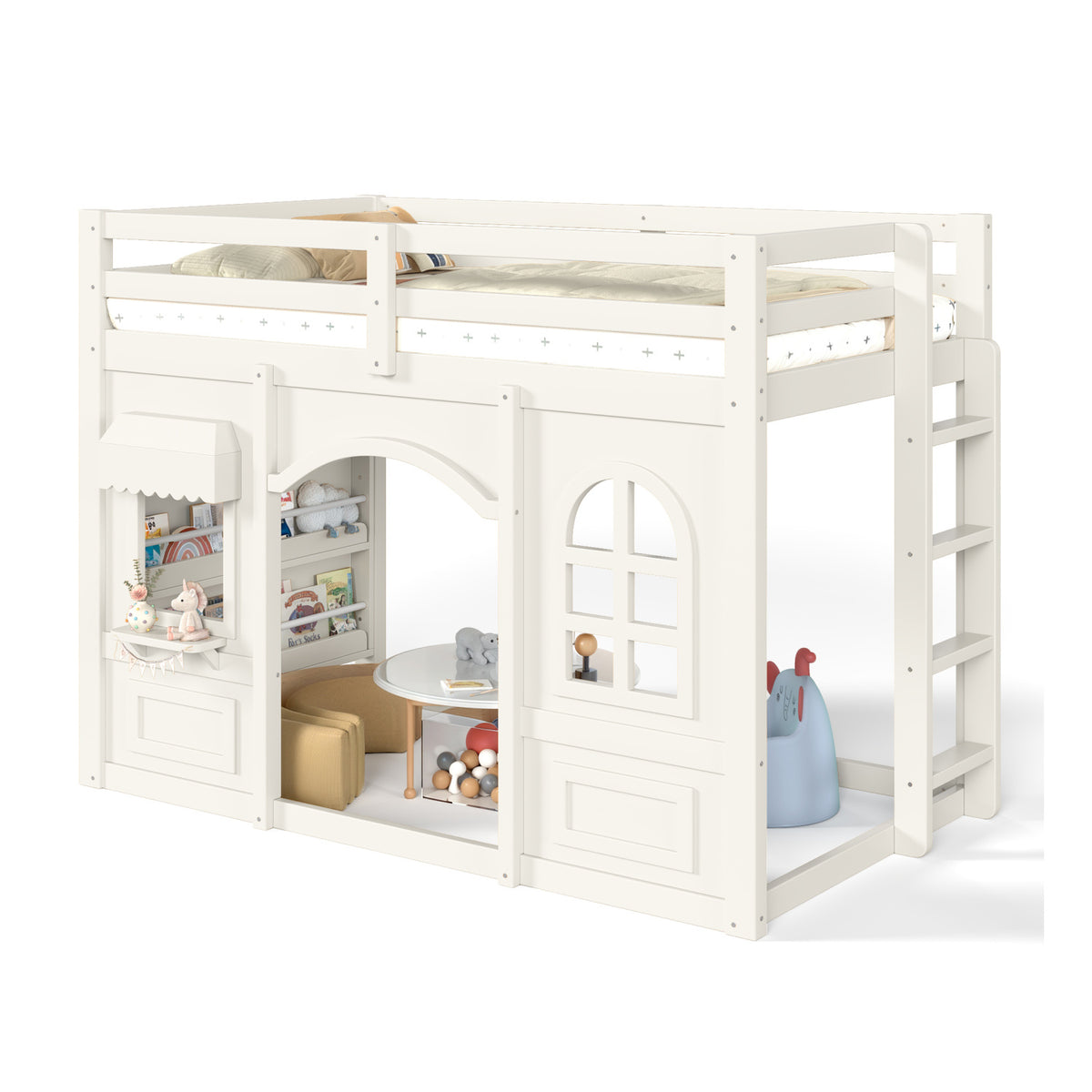 Twin Kids Playhouse Loft Bed with Storage Shelves | OROA Kids