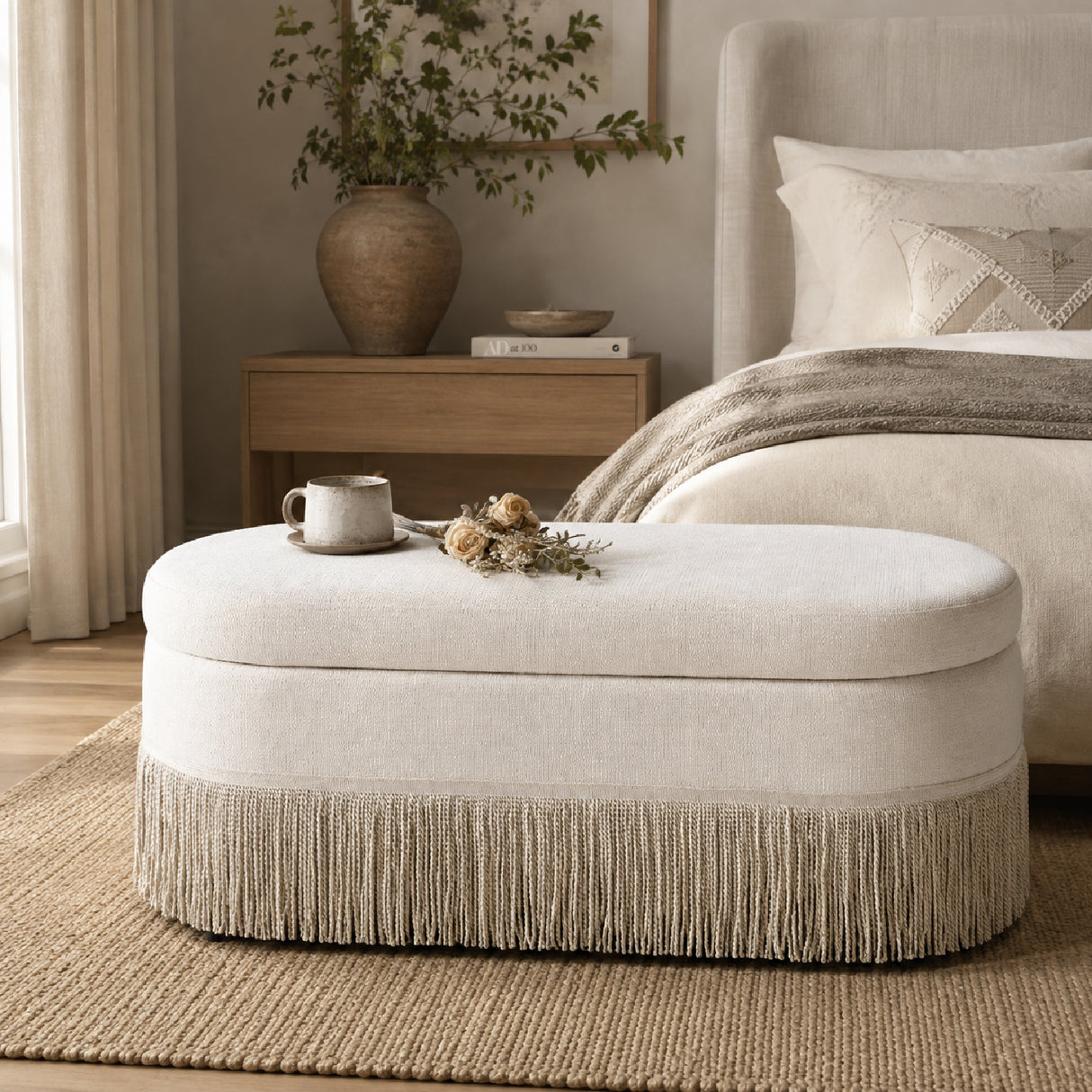 Modern European furniture - Oval Upholstered Beige Ottoman  - www.oroa.com