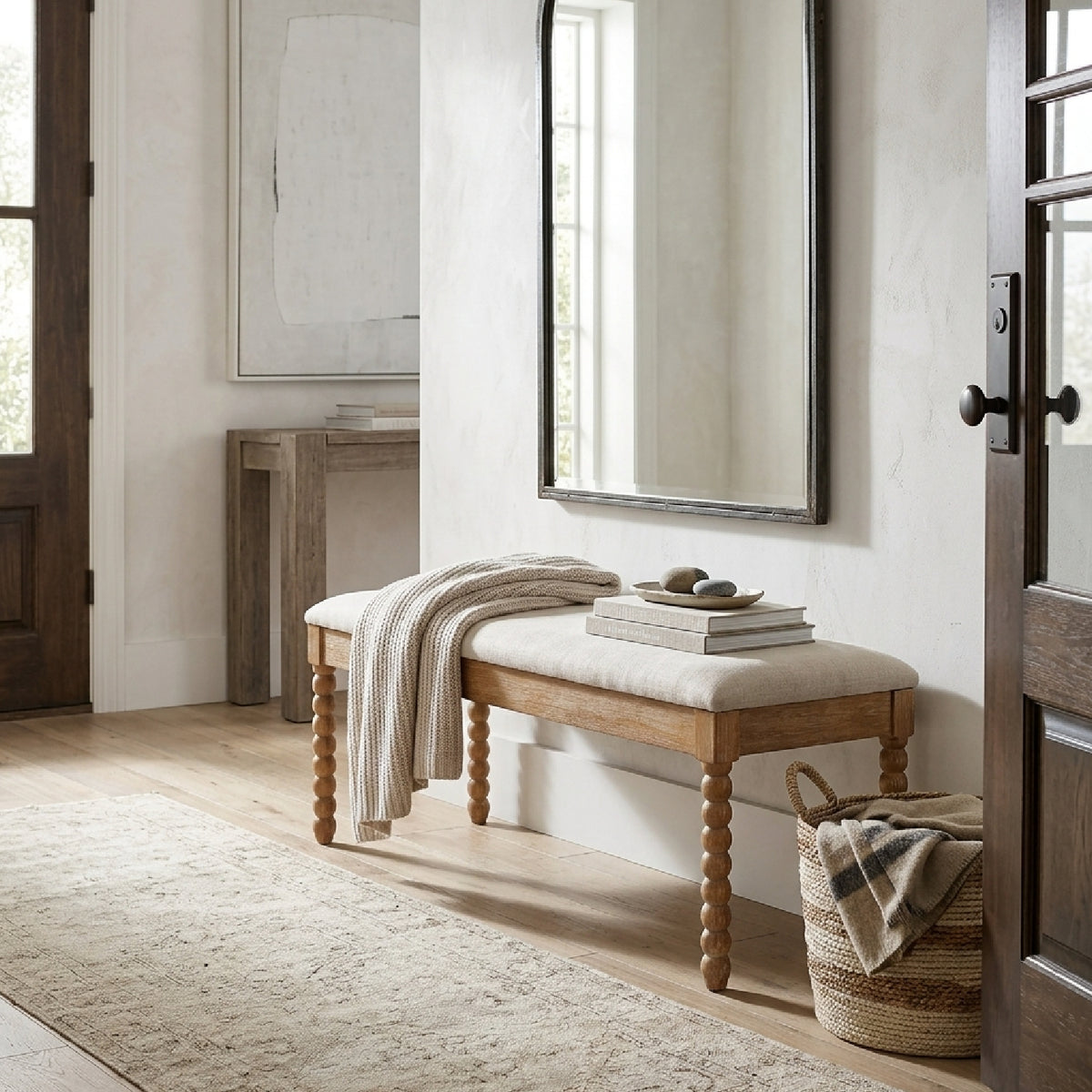 Modern European furniture -Upholstered Turned Spindle Legs Bench - www.oroa.com