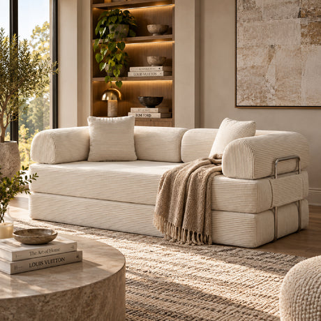 Off-White Corduroy Convertible Floor Sectional Sofa Bed | OROA