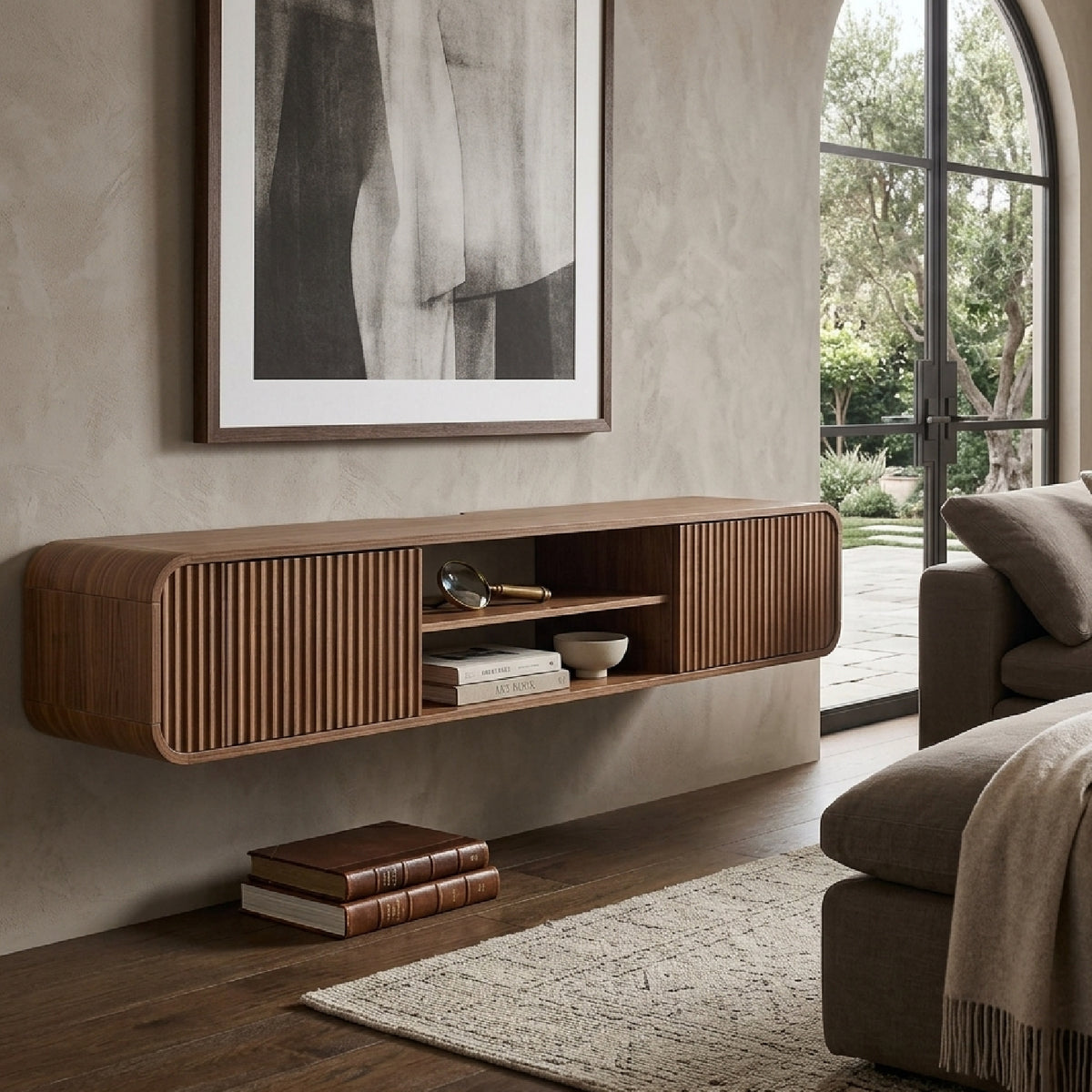 Walnut Wall‑Mounted TV Stand with Open Storage | OROA