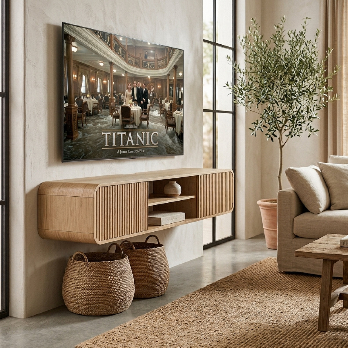 Modern European furniture - Natural Wall‑Mounted TV Stand with Open Storage - www.oroa.com