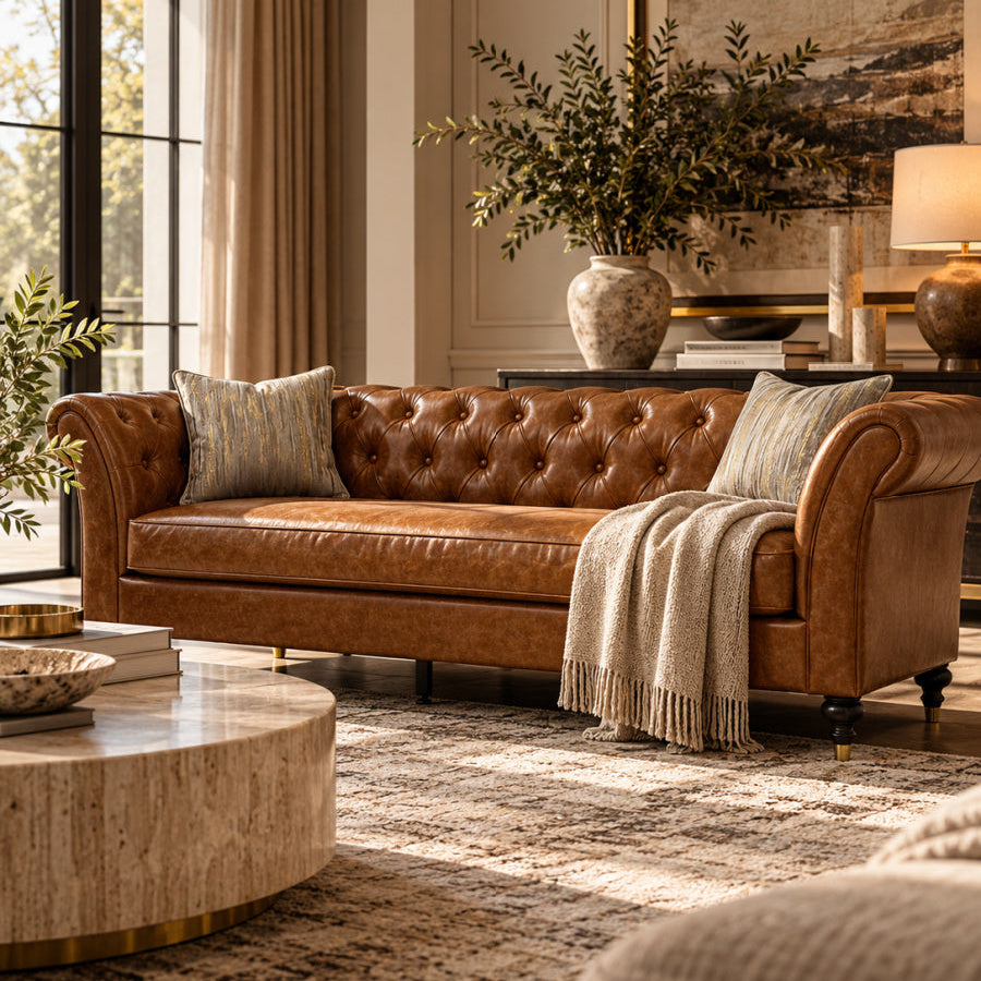 Modern European furniture - Cognac Brown Chesterfield Leather Sofa - www.oroa.com