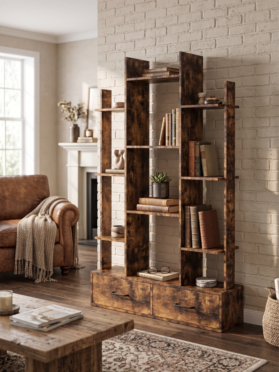 Industrial Rustic Brown 2 Drawers Bookshelf | OROA
