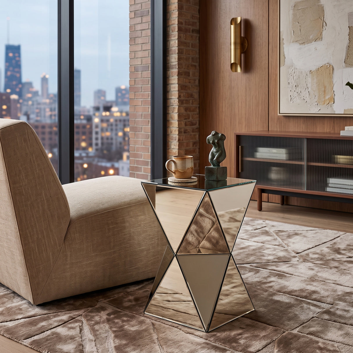 Champagne Mirrored Geometric Side Table | OROA