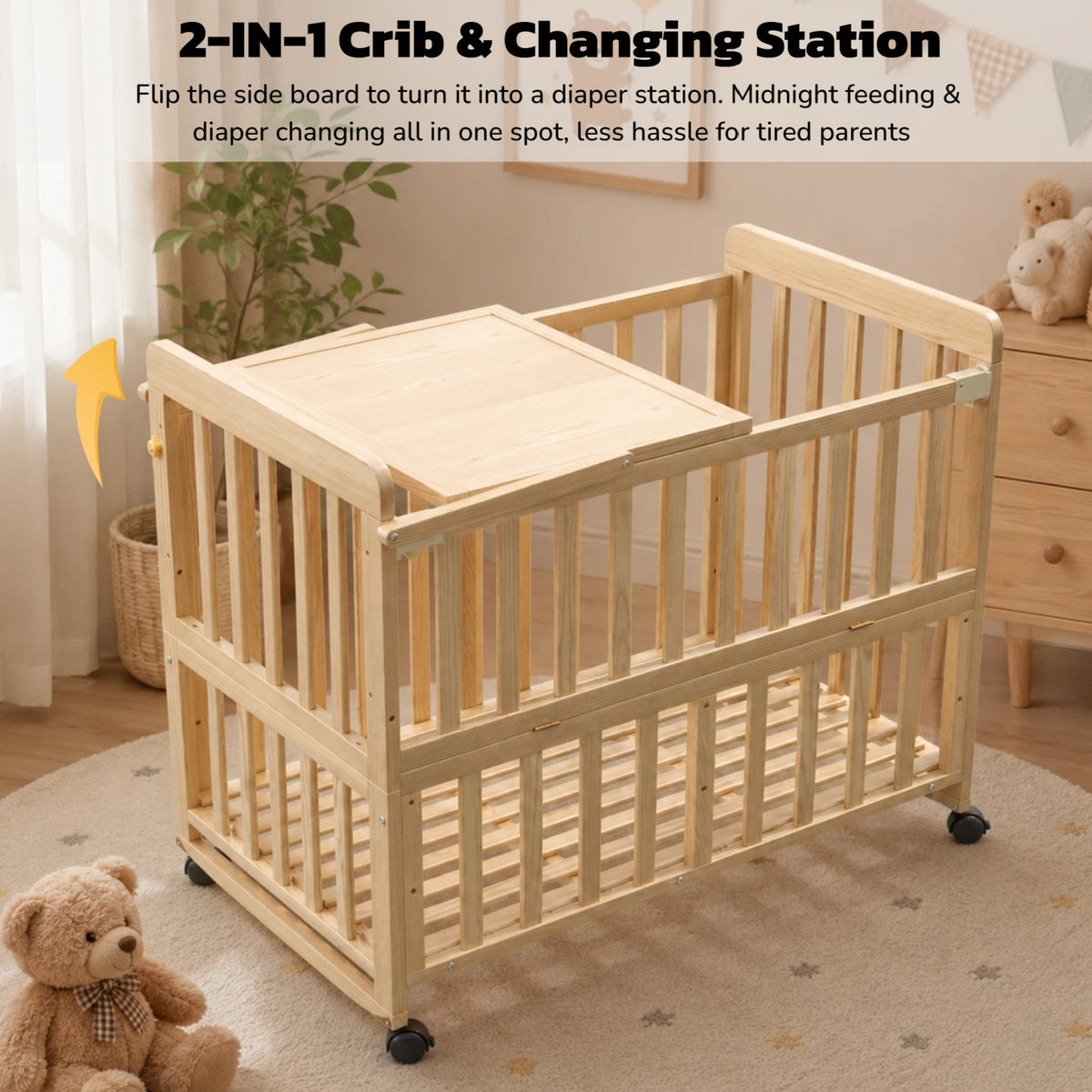 Natural Wooden Baby Crib with Changing Shelf | OROA Kids