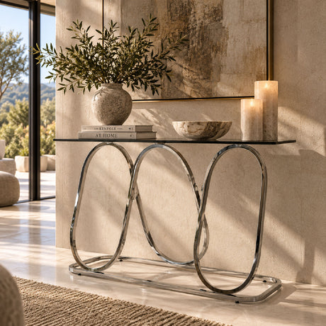 Modern Gray Glass Console Table with Chrome Frames | OROA