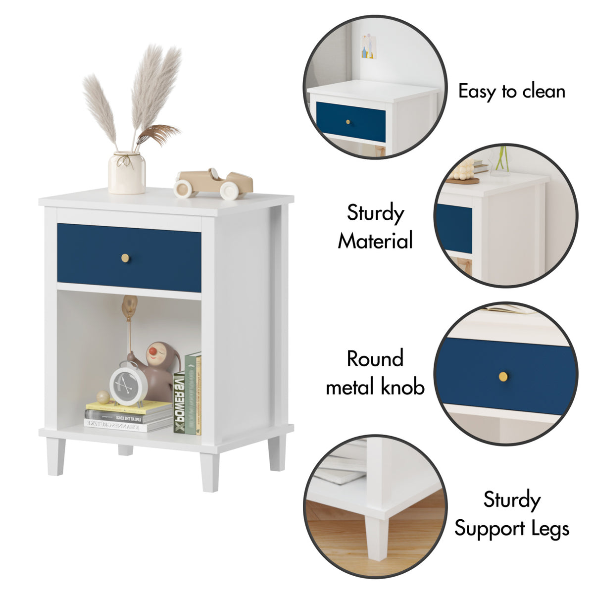 White Navy Wooden Nightstand | OROA Kids