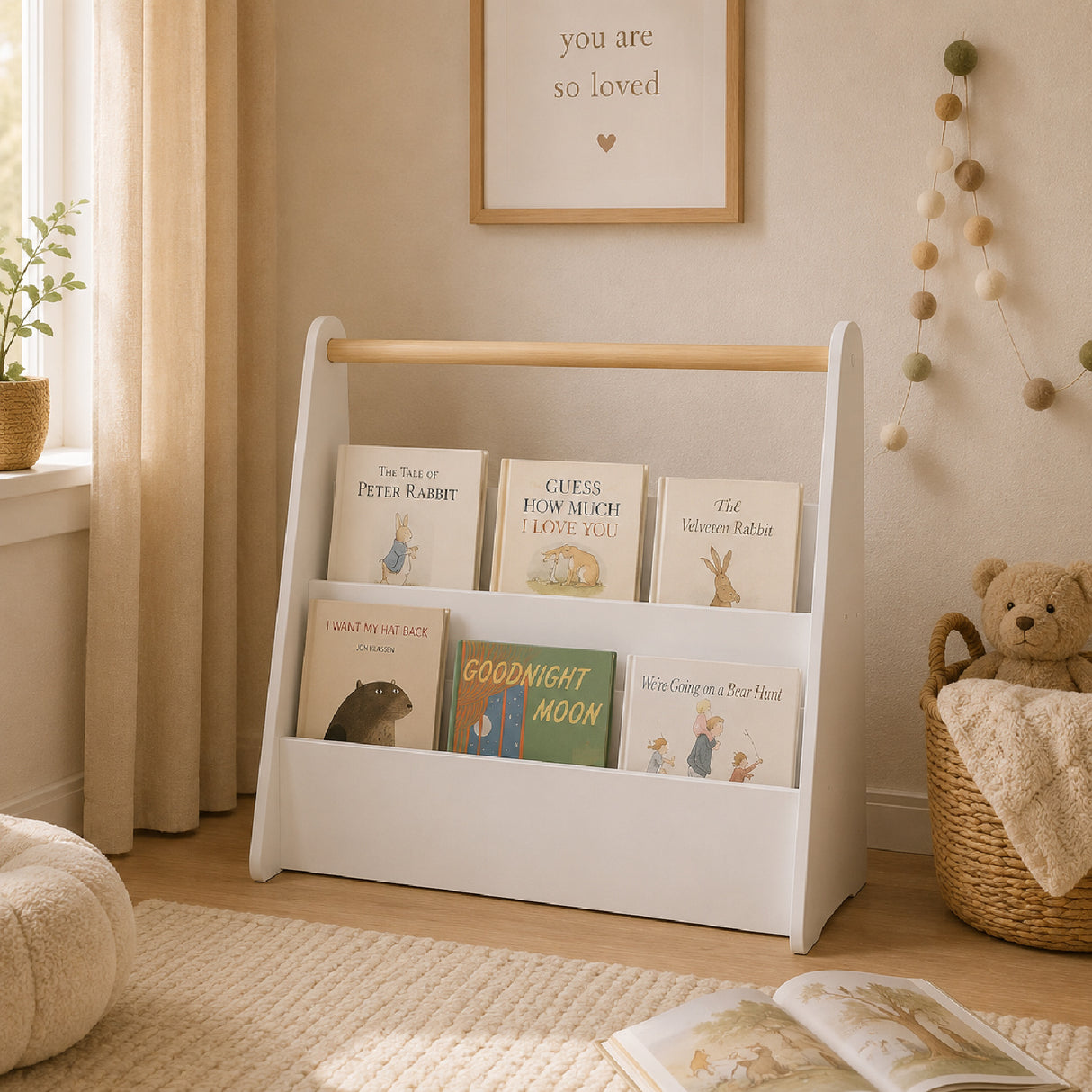 Kids White 2-Tier Bookshelf with Wooden Handle | OROA Kids