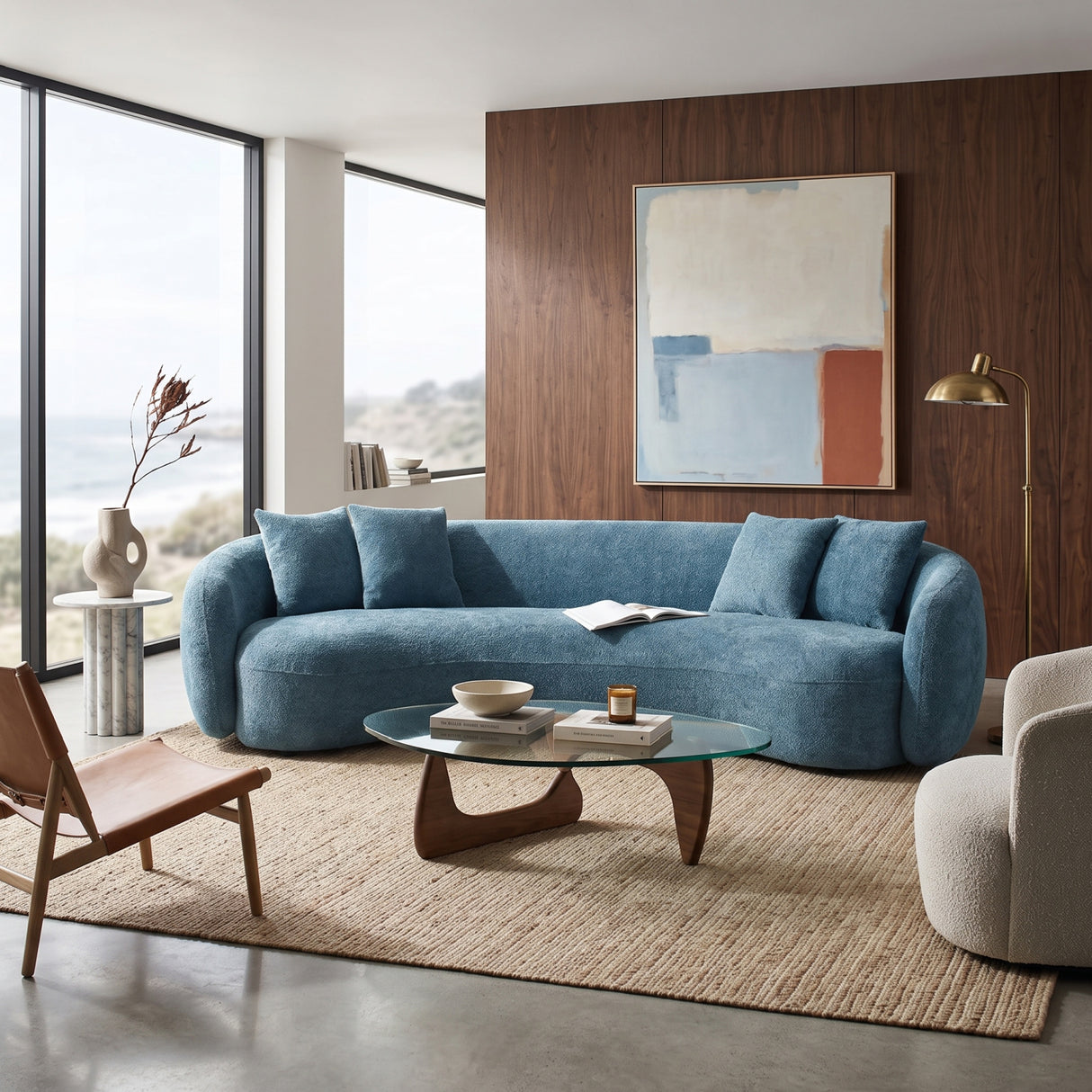 Blue Boucle Curved Sectional Sofa | OROA
