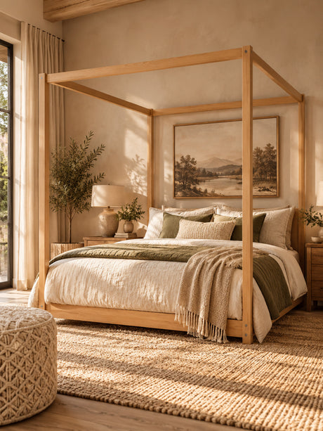 Modern European furniture - Natural Pine Wood Queen Size Canopy Platform Bed - www.oroa.com