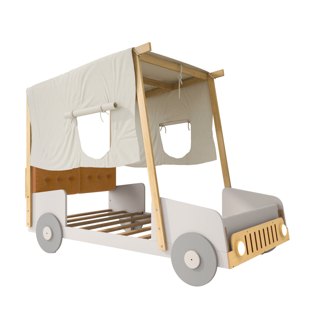 Natural Wood Twin Size Car Bed with Pillow | OROA Kids