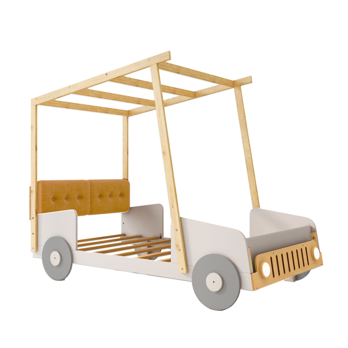 Natural Wood Twin Size Car Bed with Pillow | OROA Kids
