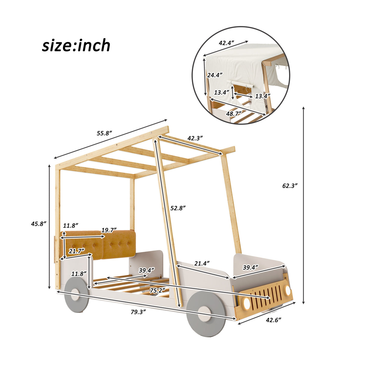 Natural Wood Twin Size Car Bed with Pillow | OROA Kids