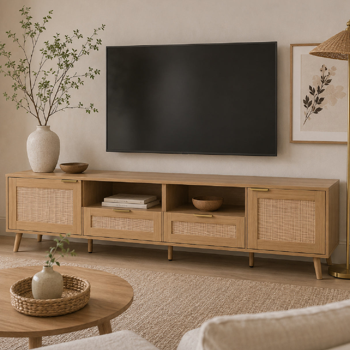 85" Modern Farmhouse Rattan TV Stand | OROA