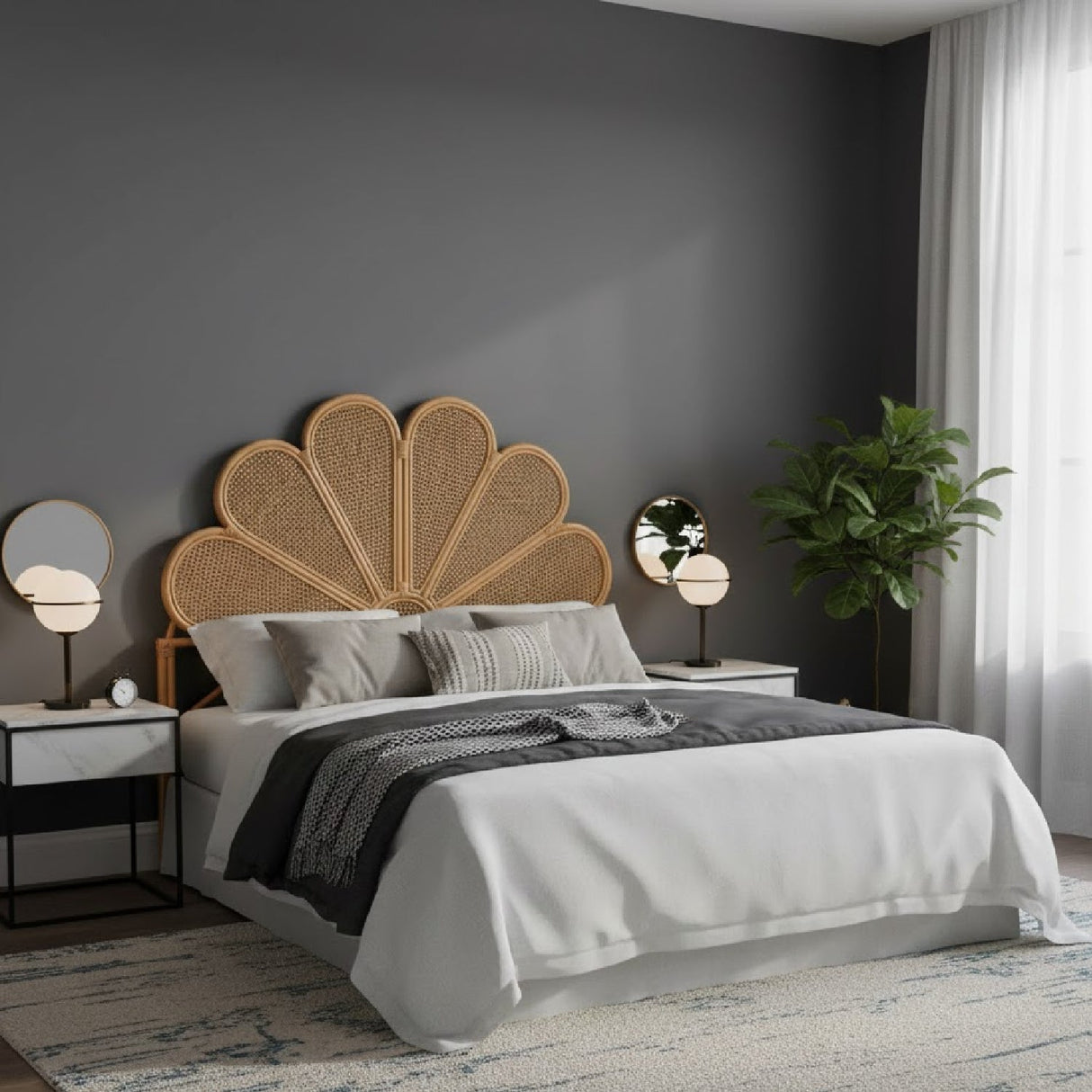 Rattan Scalloped Queen Headboard – Flower – angled view