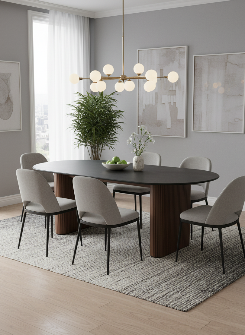 Dining room with a round wooden table and gray chairs, featuring a modern chandelier and decor.