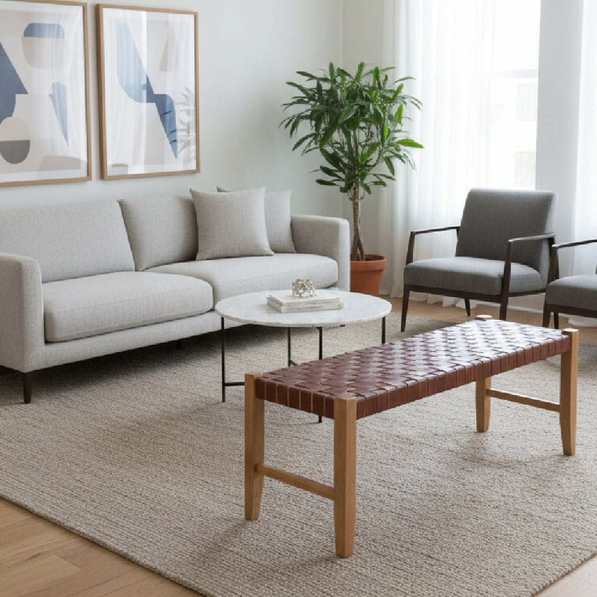   Brown Woven Leather Bench | Oroa.com