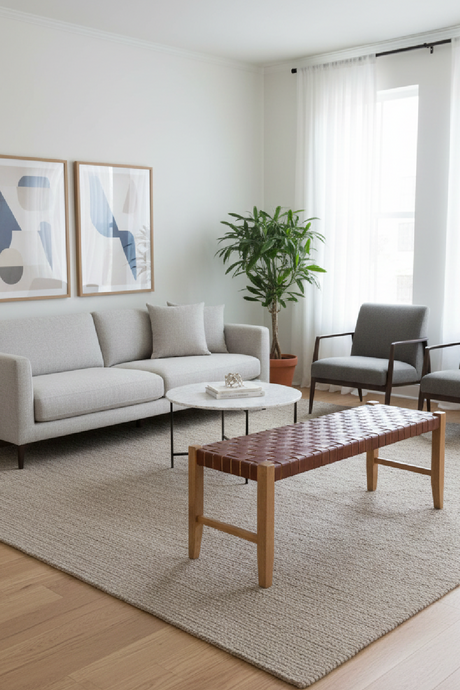 Brown Woven Leather Bench | OROA Modern Bandani