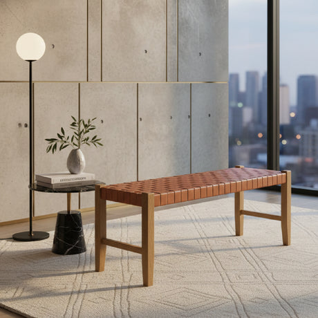 Tan Woven Leather Bench | OROA Modern Bandani