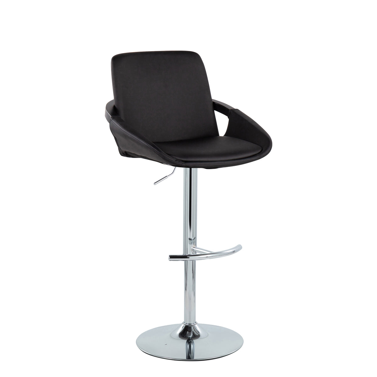 Black Faux Leather Adjustable Swivel Barstools — front three-quarter view