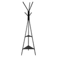 A black metal coat rack with a tripod base, 